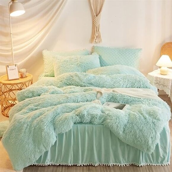 HAIHUA Green Faux Fur Comforter Cover Queen Size，Fluffy Mint Green Faux …